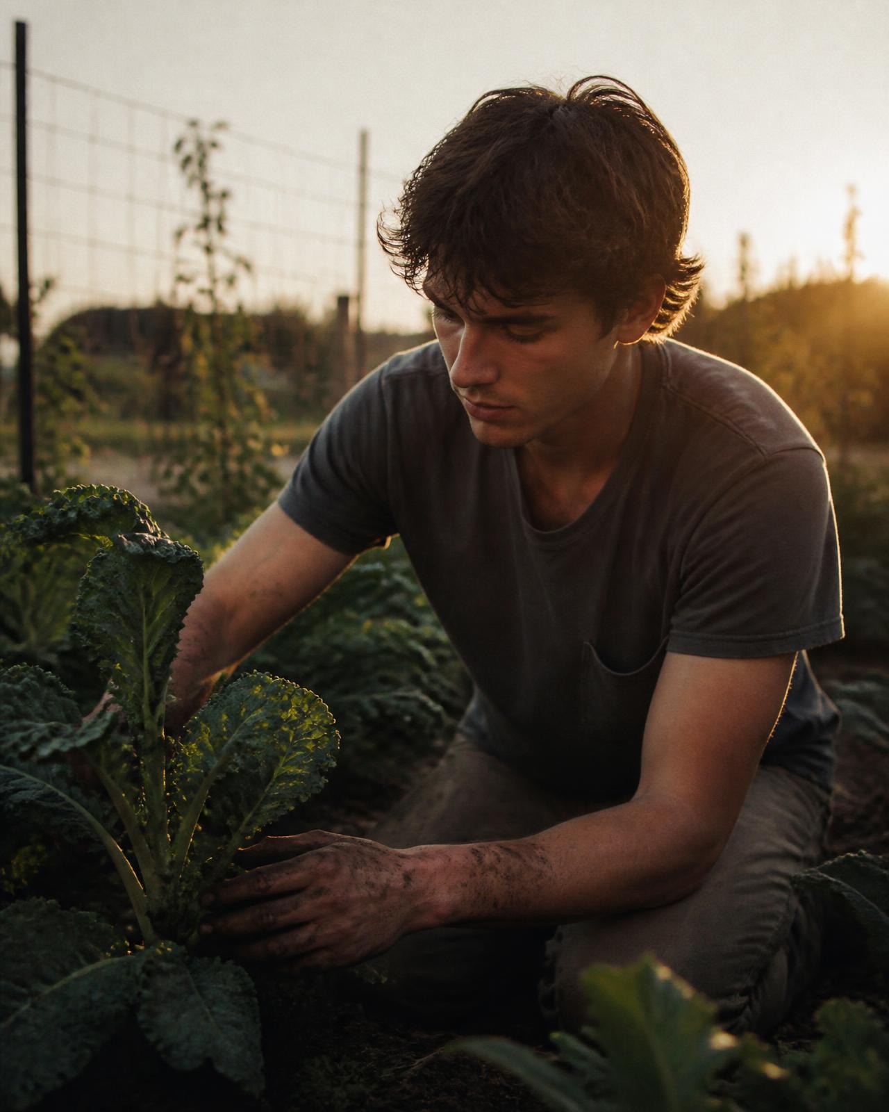 A young grower kneeling among kale in a garden at golden hour