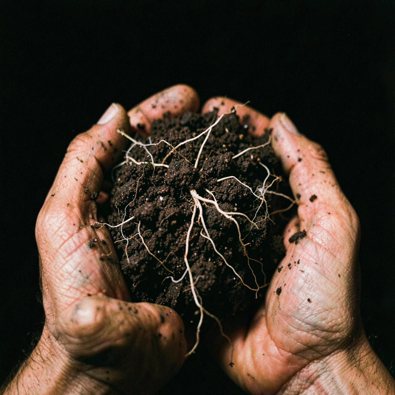 Dark living soil laced with fine roots held in two hands